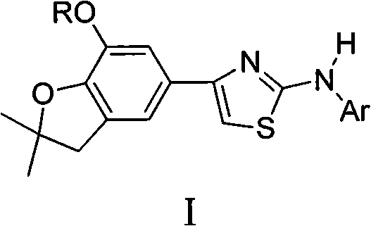 4-(benzofuran-5-yl)-2-aromatic aminothiazole and preparation method and application thereof