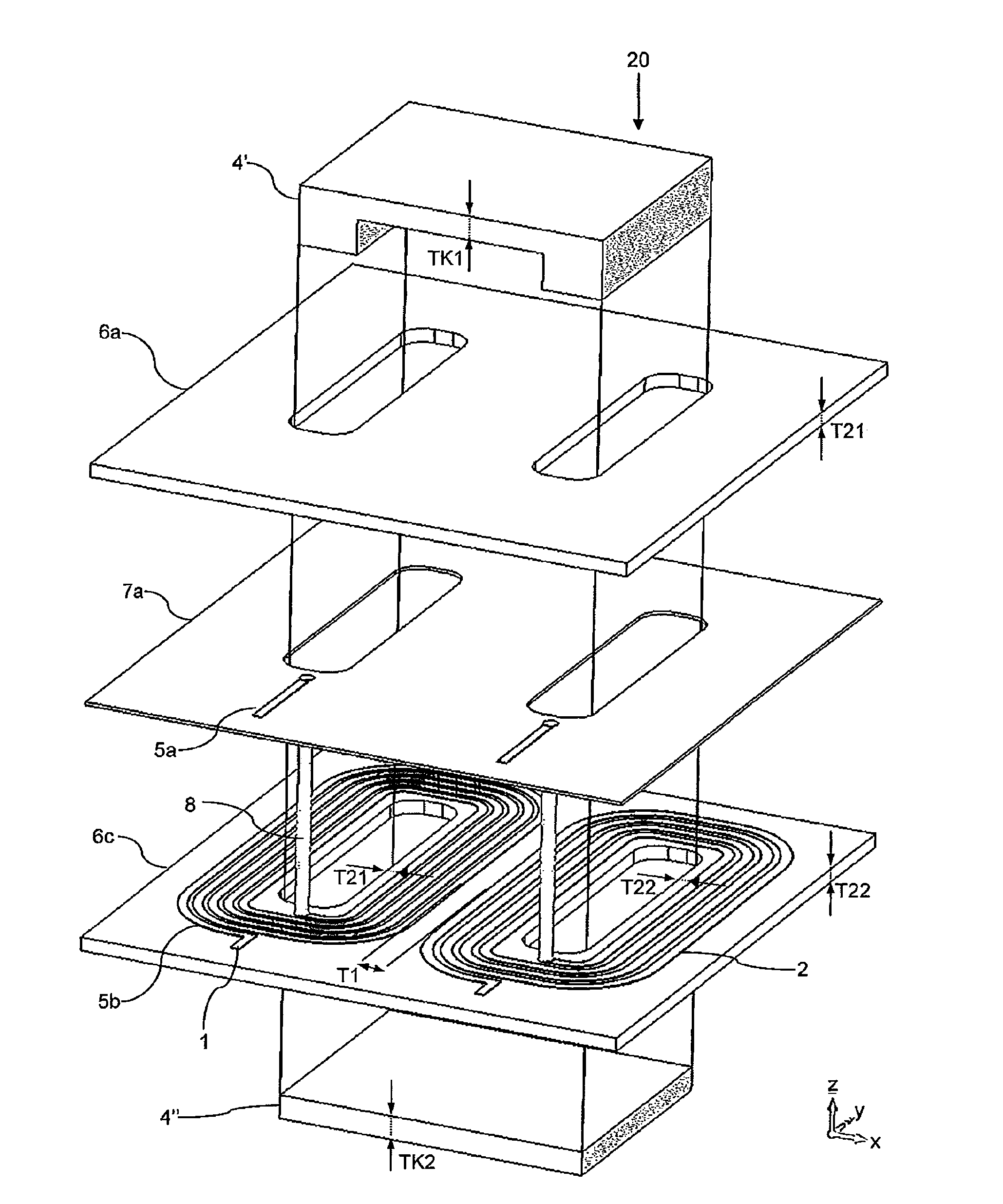 Planar transmitter with a layered structure