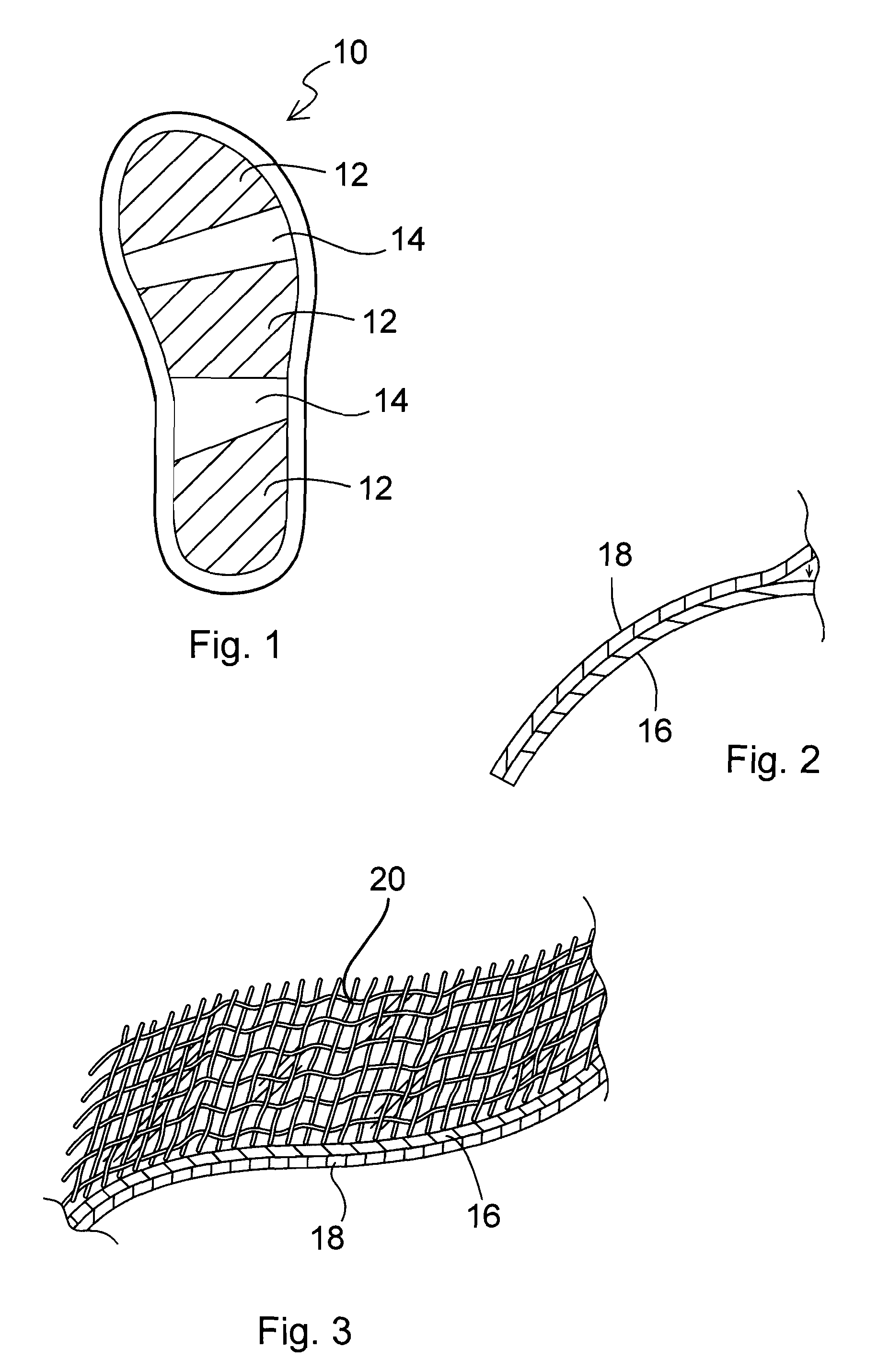 Fabric-earing outsoles, shoes bearing such outsoles and related methods