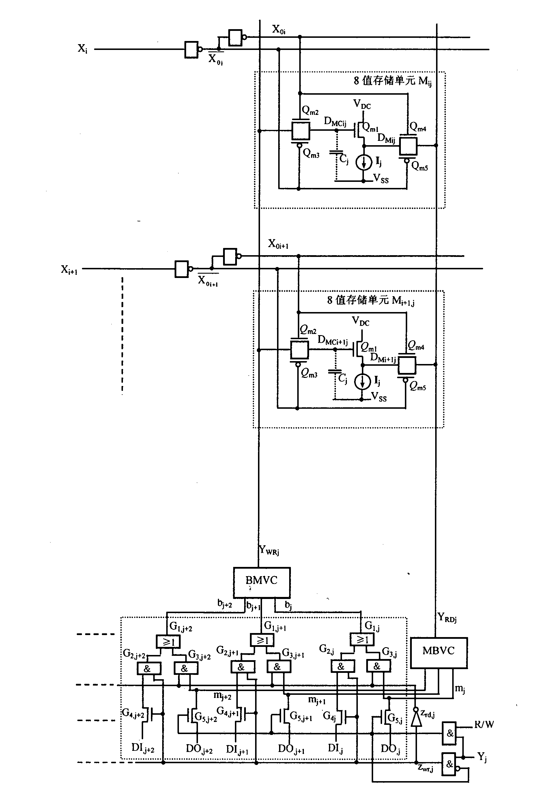 8-value memory cell embedded in dram storage matrix, and corresponding conversion circuit thereof