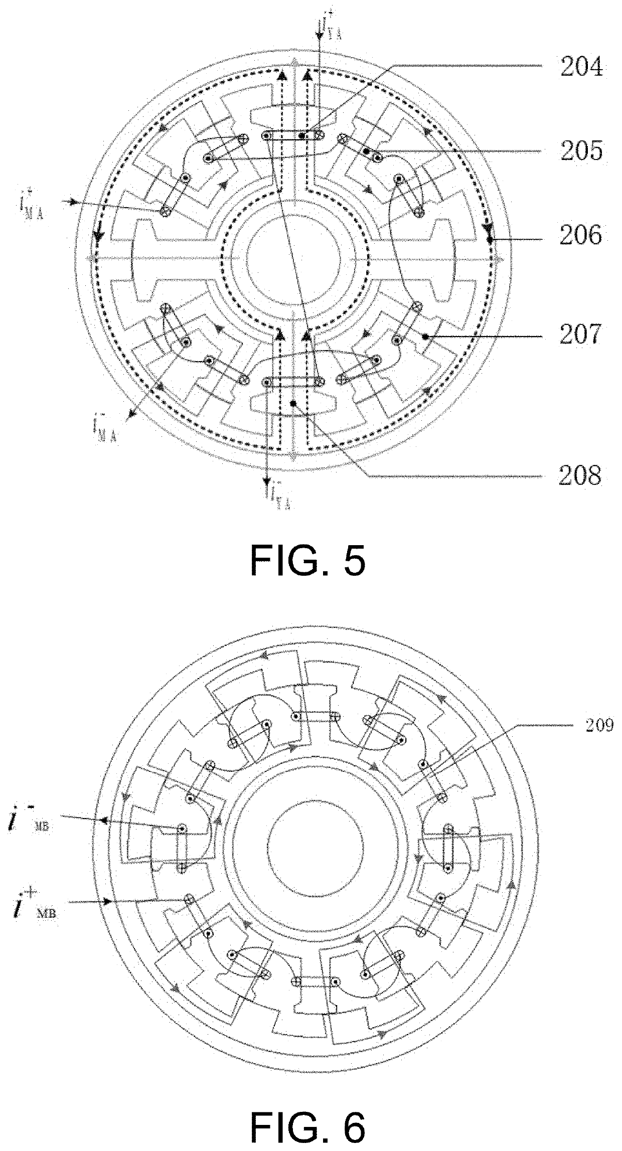 Axial split-phase bearingless flywheel motor of three phases and four degrees of freedom