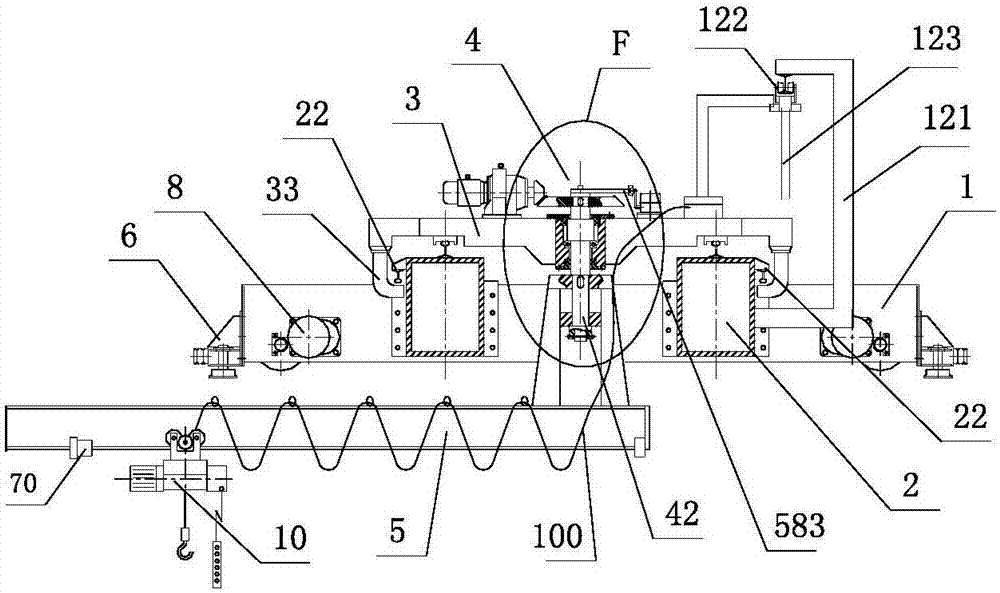 Bridge type cantilever crane with running trolley and anti-tipping end beams