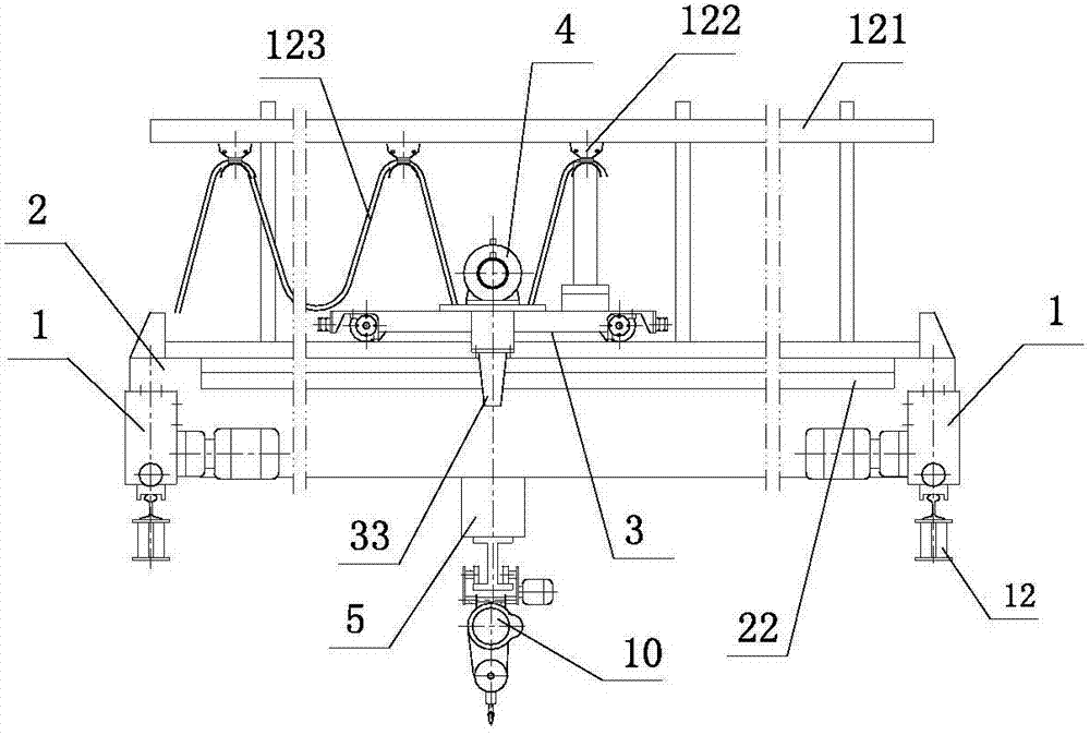 Bridge type cantilever crane with running trolley and anti-tipping end beams