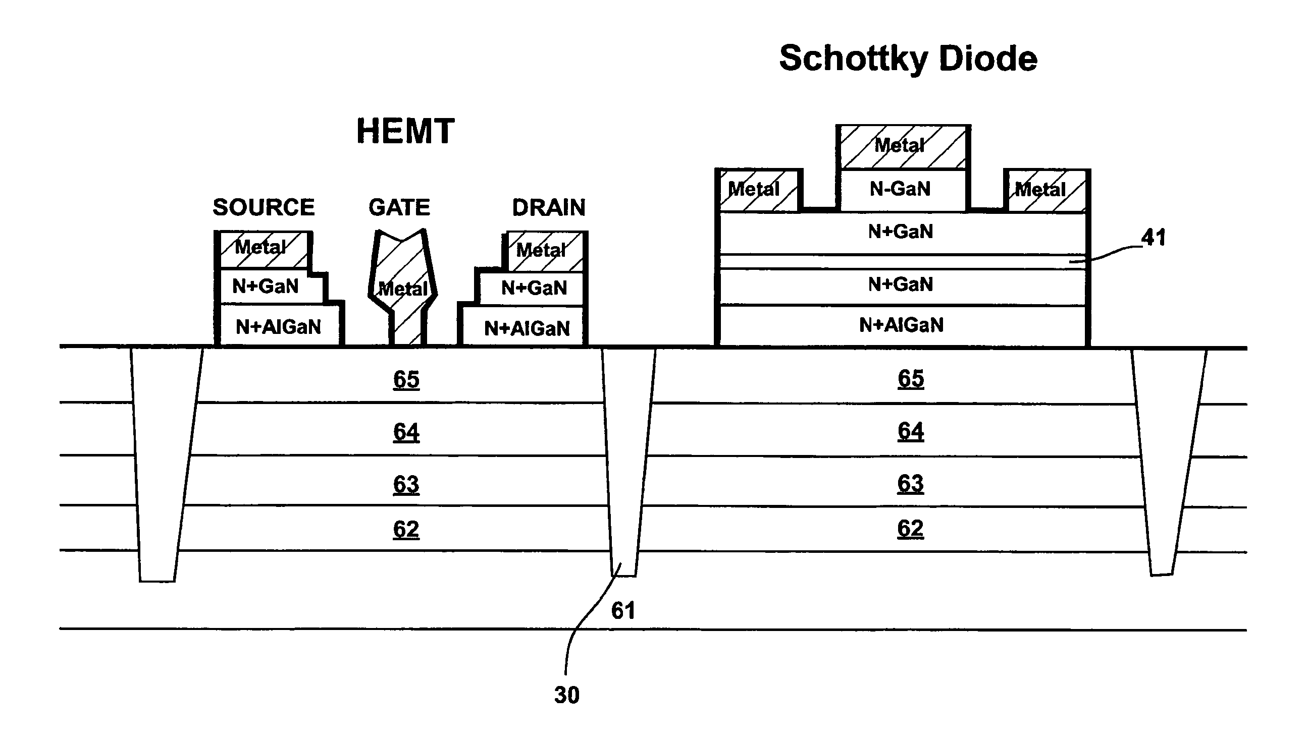 Integrated structure with transistors and schottky diodes and process for fabricating the same
