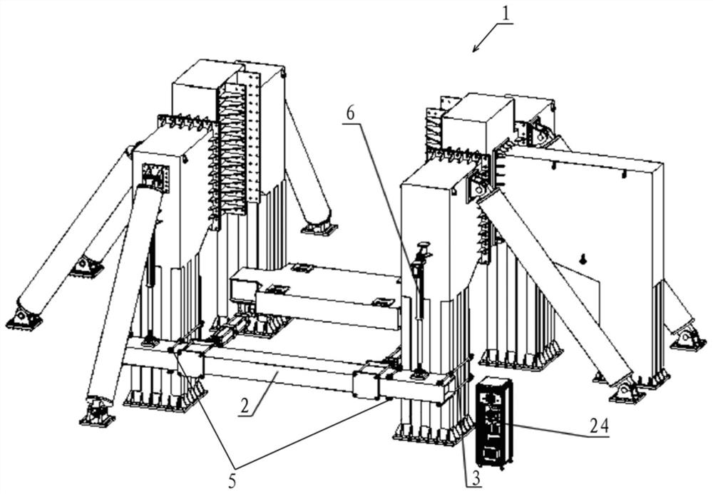 A test bench reaction force crossbeam hugging and lifting device
