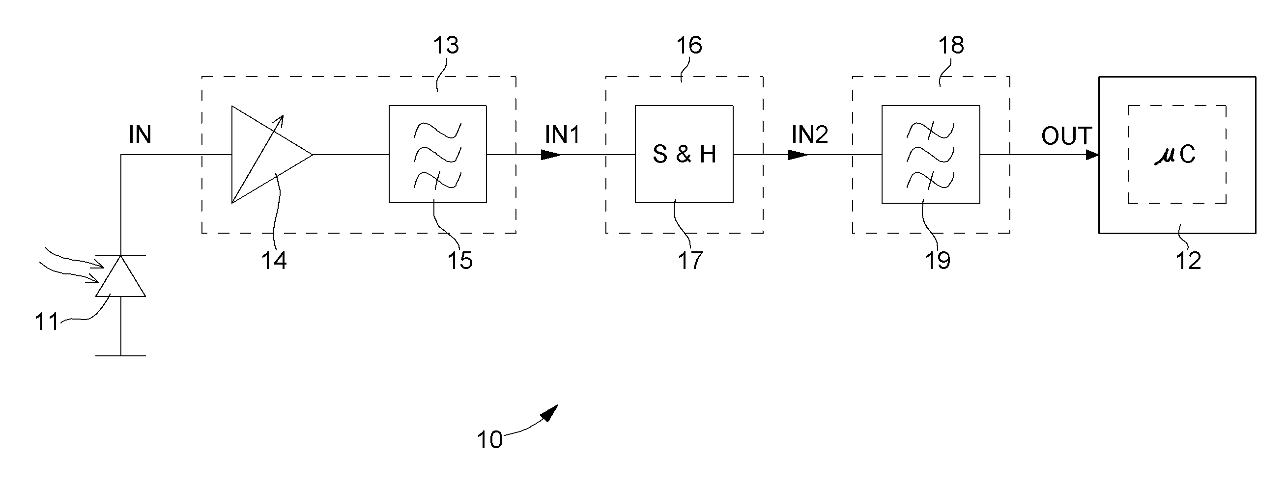 Signal conditioning circuit between an optical device and a processing unit