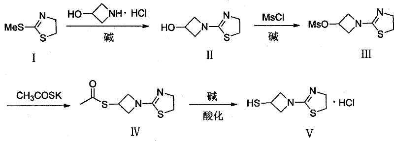 Preparation method of 1-(4, 5-dihydro-2-thiazolinyl)-3-mercaptoazetidine hydrochloride