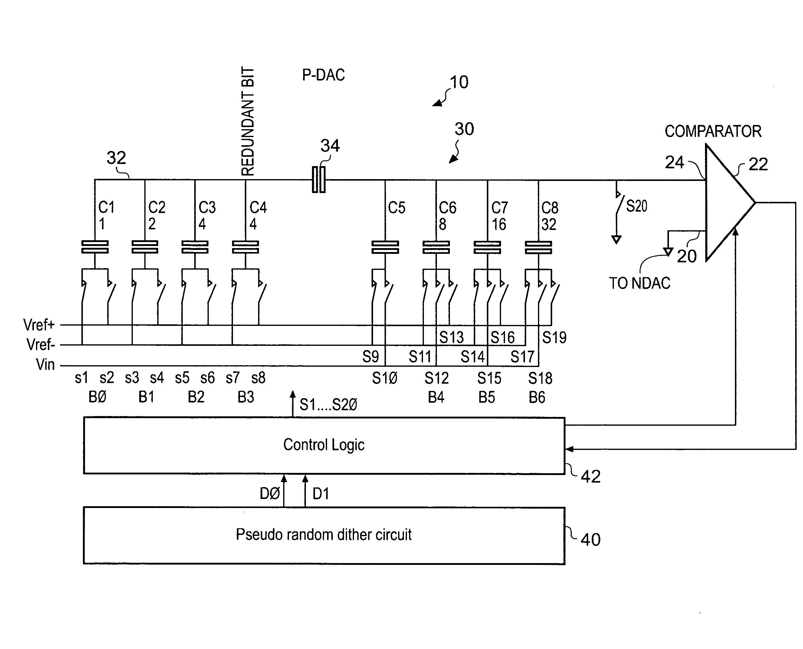 Dither technique for improving dynamic non-linearity in an analog to digital converter, and an analog to digital converter having improved dynamic non-linearity