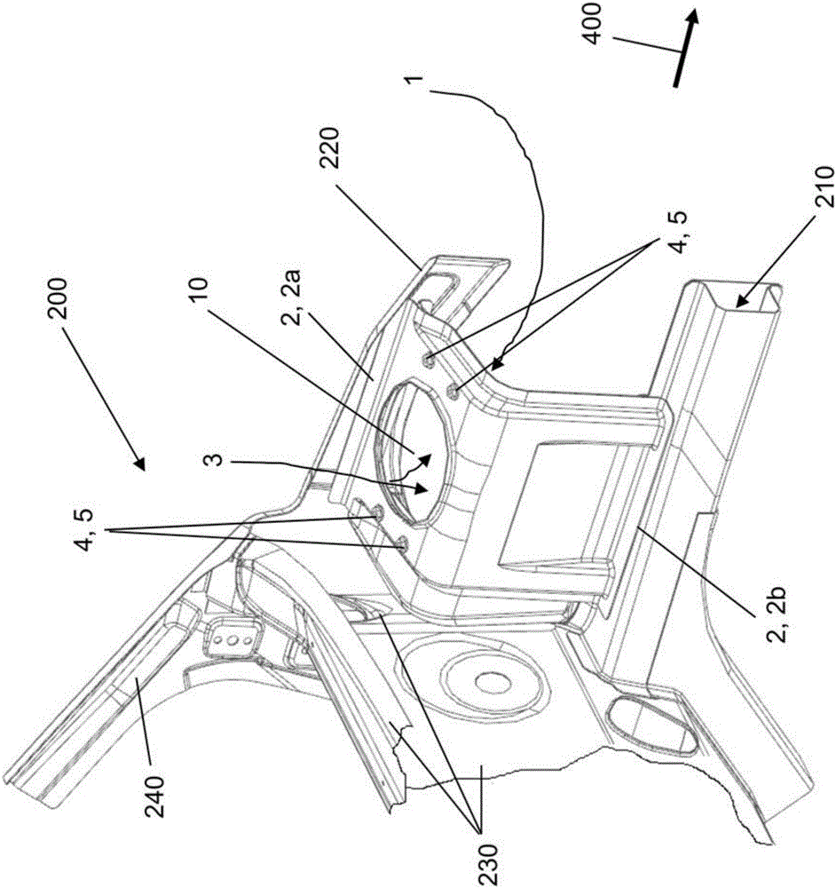 Support structure component for connecting a spring strut to a vehicle body, method for mounting a spring strut on a vehicle body and vehicle body