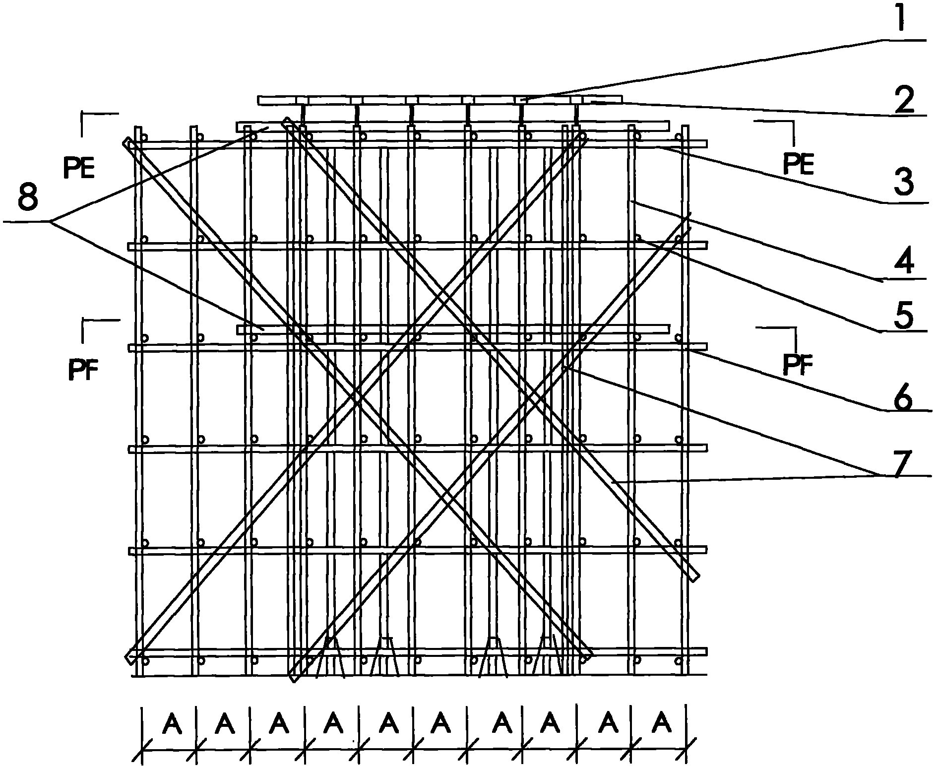 Method for increasing horizontal cross braces and improving and determining bearing capacity of support frame
