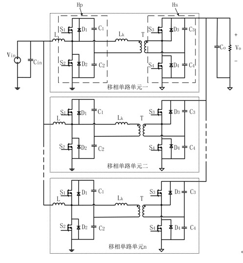 Input parallel and output parallel combination converter under control of common phase-shifting angle