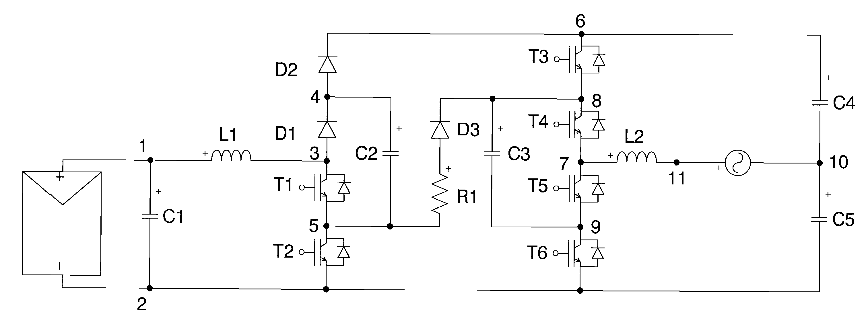 Electric circuit for converting direct current into alternating current
