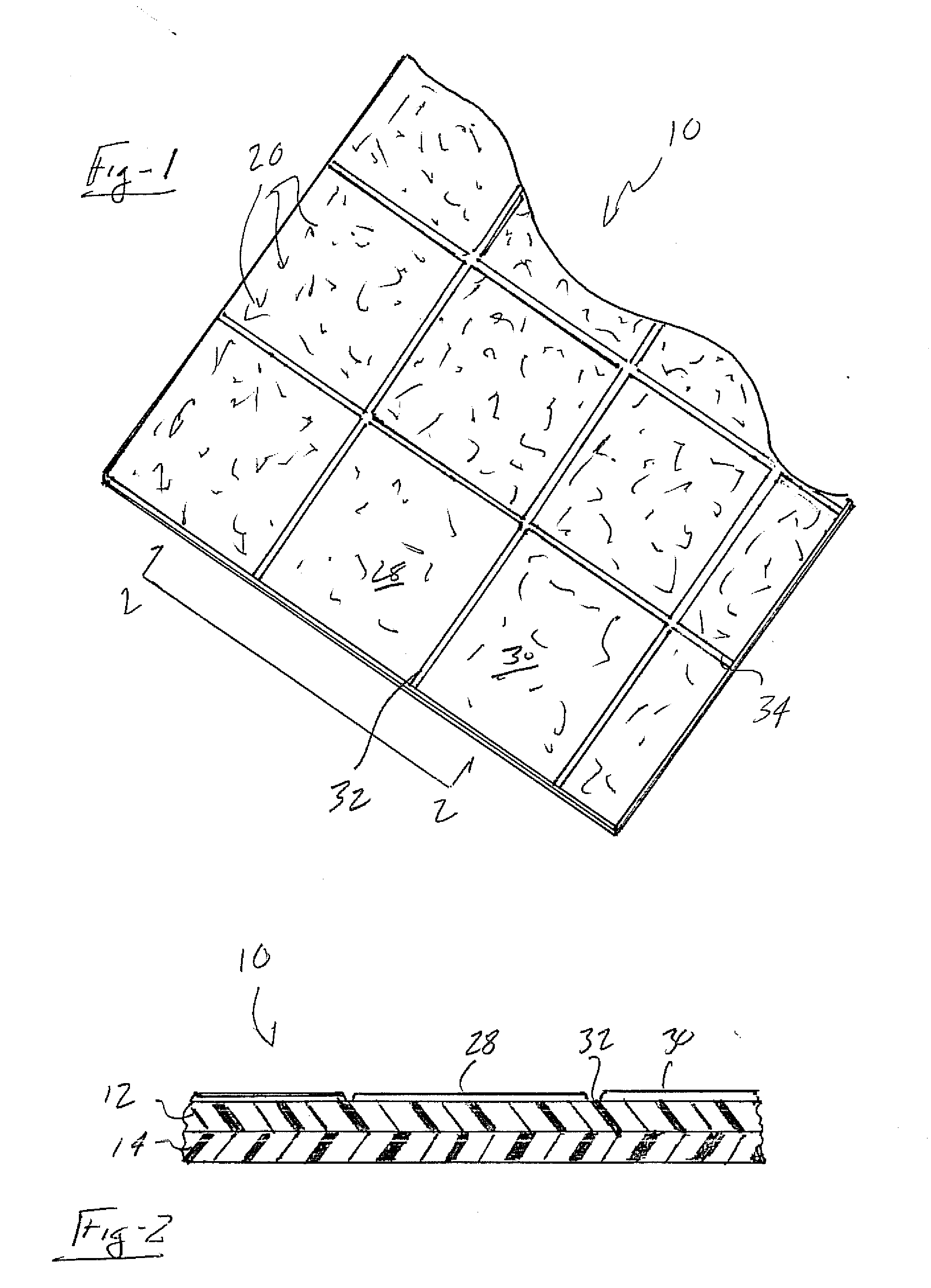 Plastic resin based composite tile board article and associated method for creating through routing and/or embossing of a substantially upper most layer thereof in order to create a decorative pattern