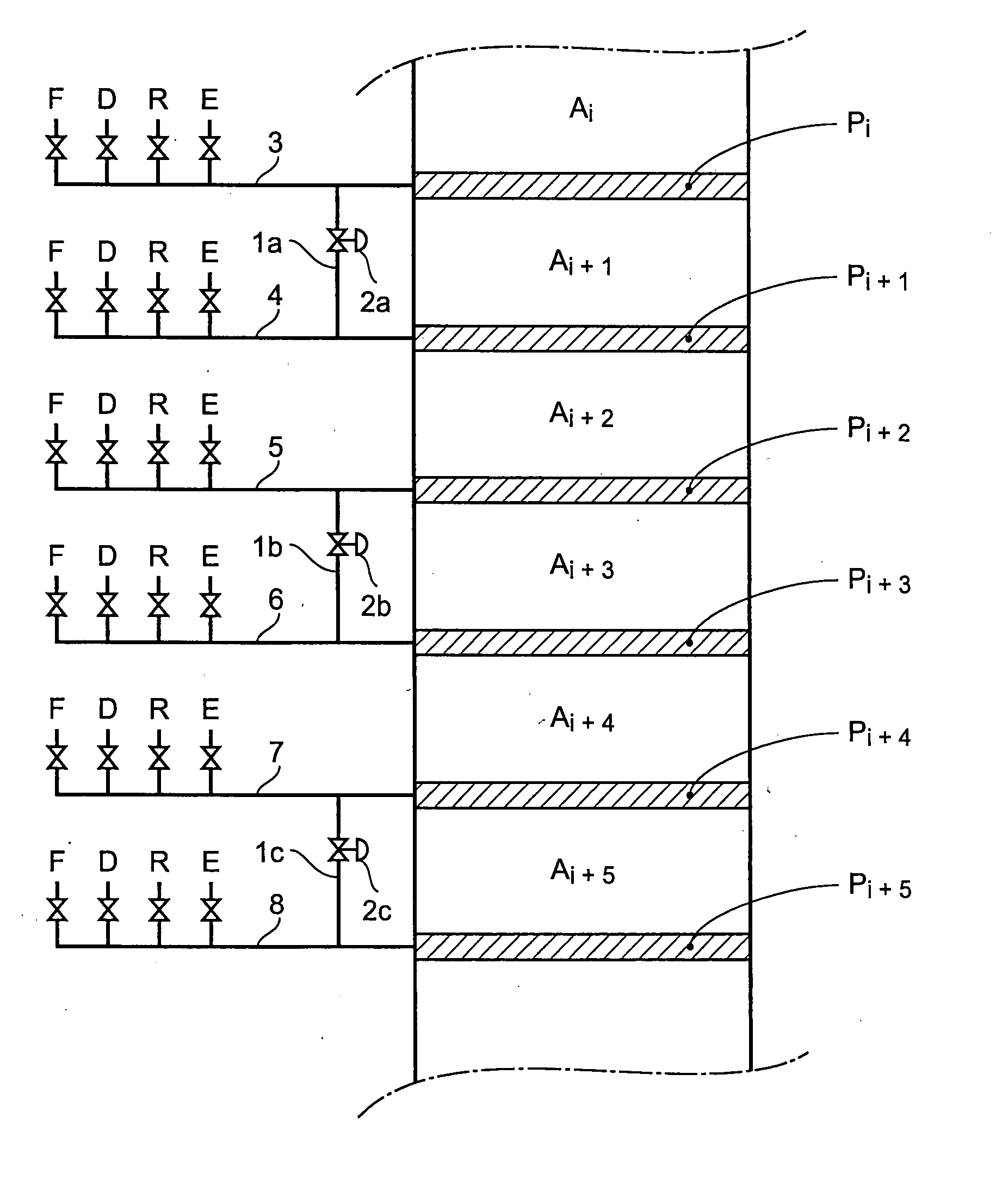 Process and device for simulated moving bed separation with a reduced number of large diameter valves