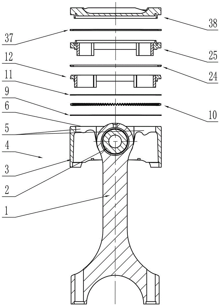 Layered piston connecting rod assembly