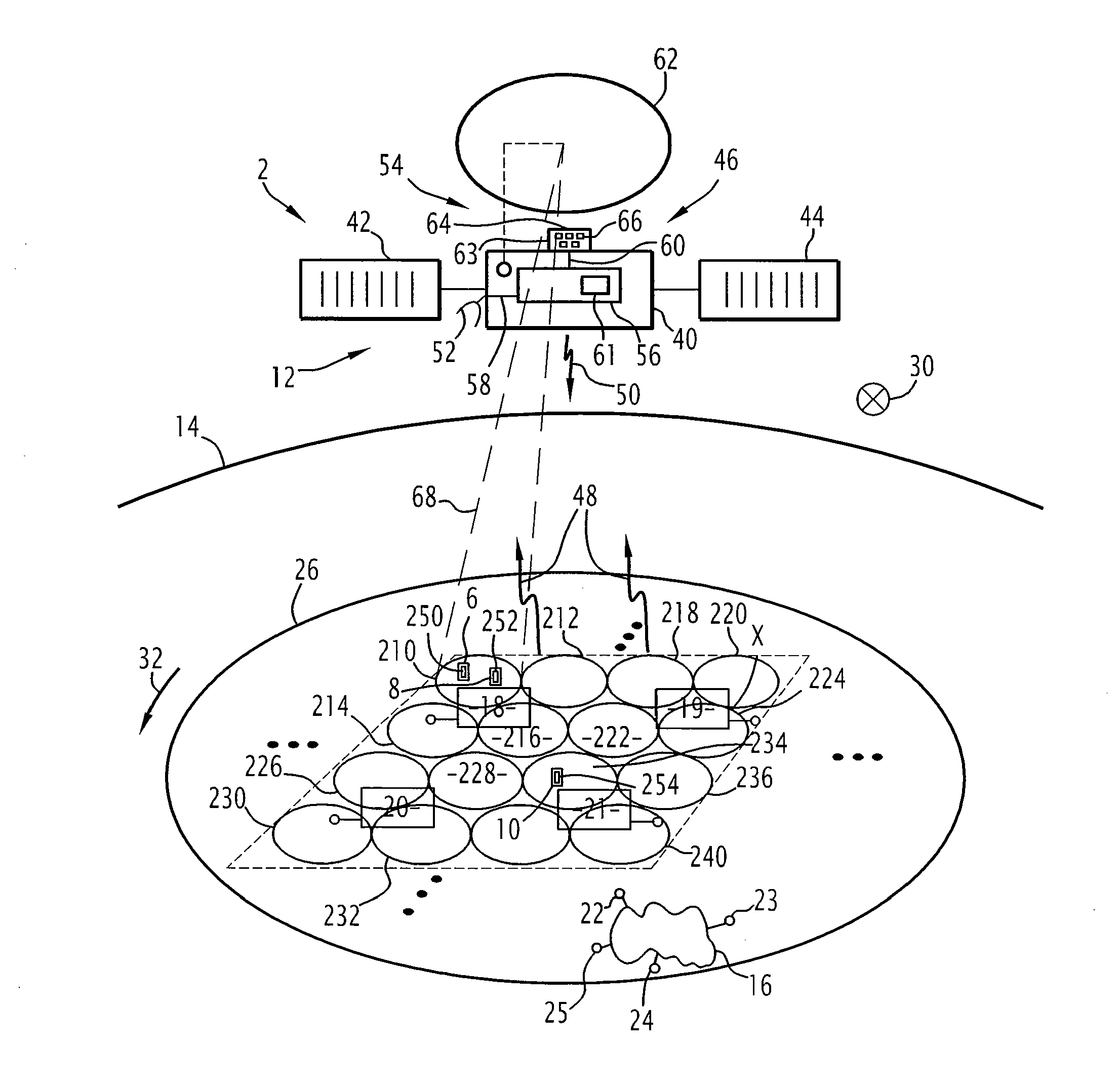 Multi-beam telecommunication antenna onboard a high-capacity satellite and related telecommunication system