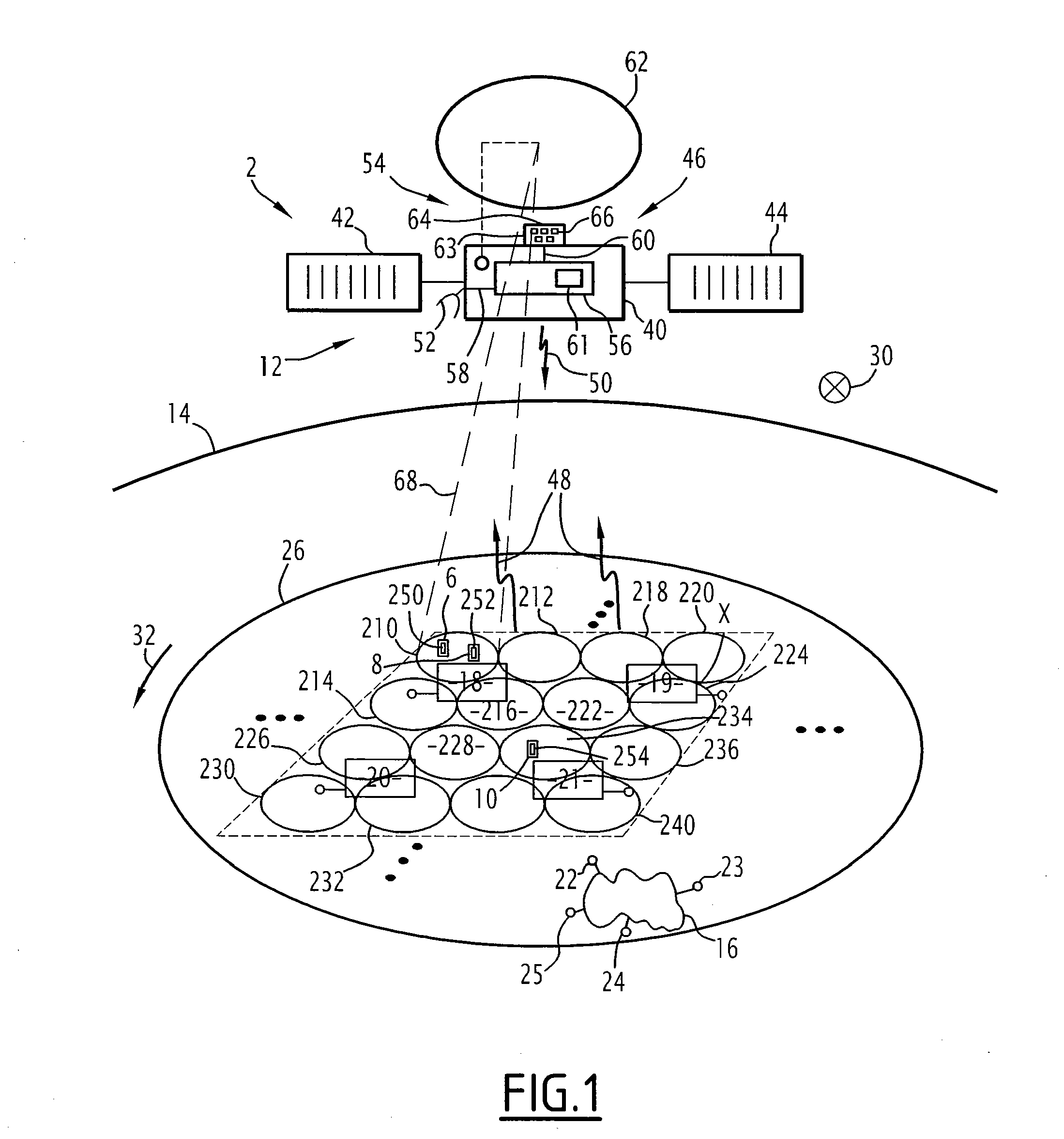 Multi-beam telecommunication antenna onboard a high-capacity satellite and related telecommunication system