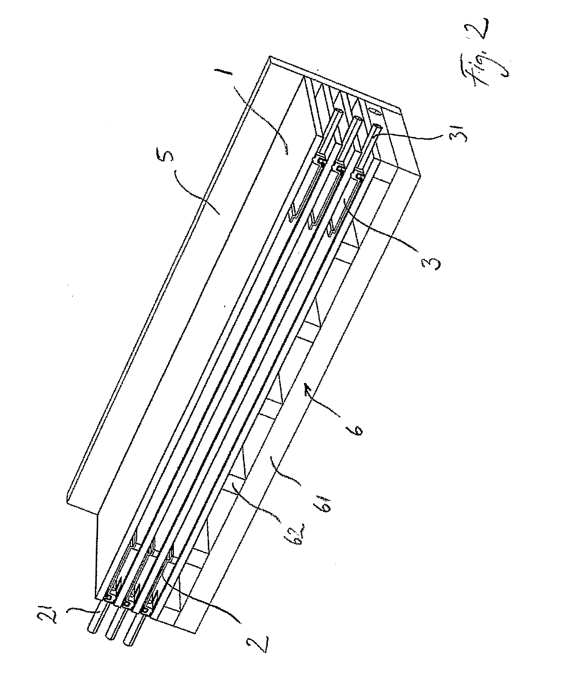 Tilted multi effect distillation module with means for heating and cooling