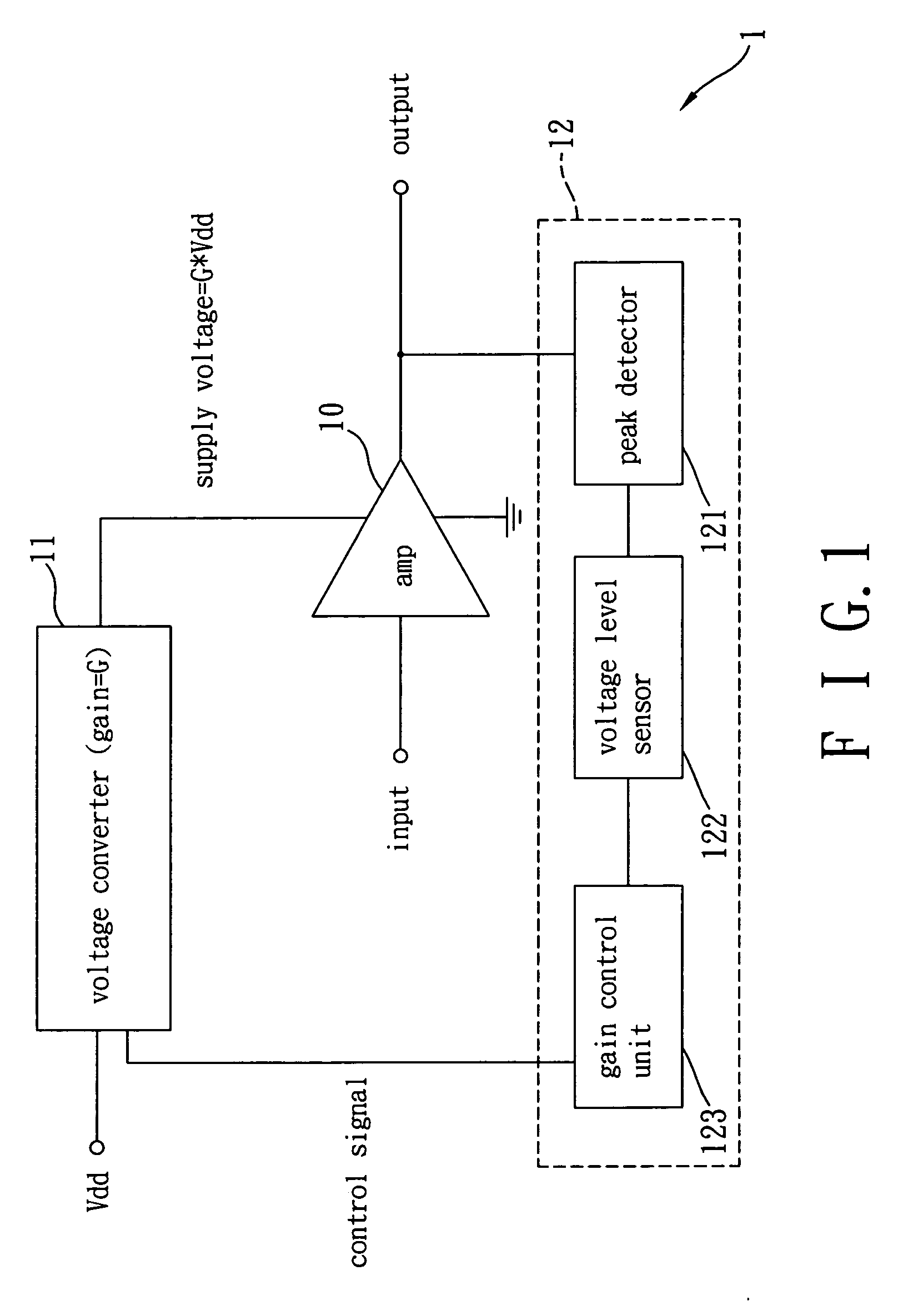Amplifying circuit with variable supply voltage