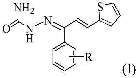 Thiophene chalcone semicarbazone Schiff base compounds, and preparation method and applications thereof