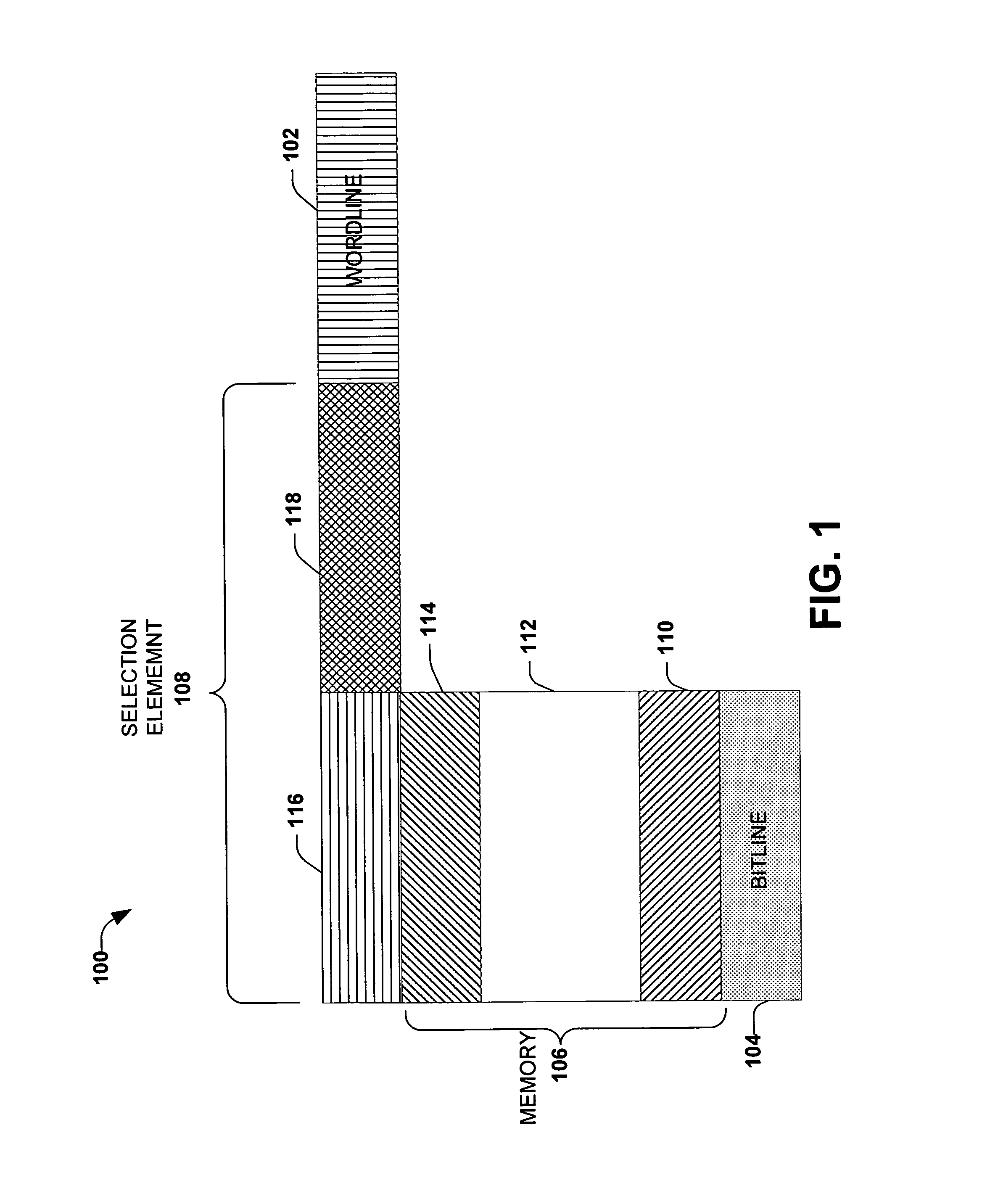 Memory device with a selection element and a control line in a substantially similar layer