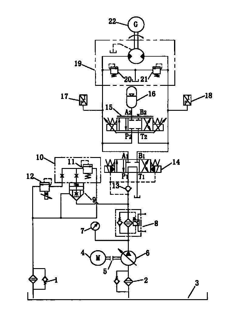 Shield cutter rotary drive pressure adapting hydraulic control system of proportional valve controlled energy accumulator