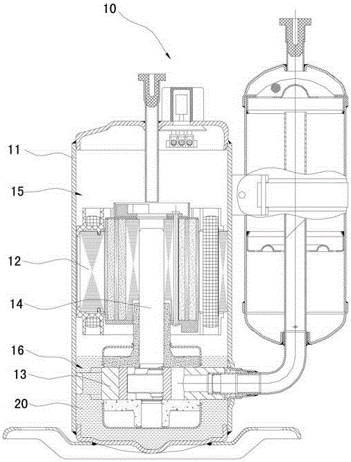 Refrigeration compressor and method for reducing oil content in exhaust gas