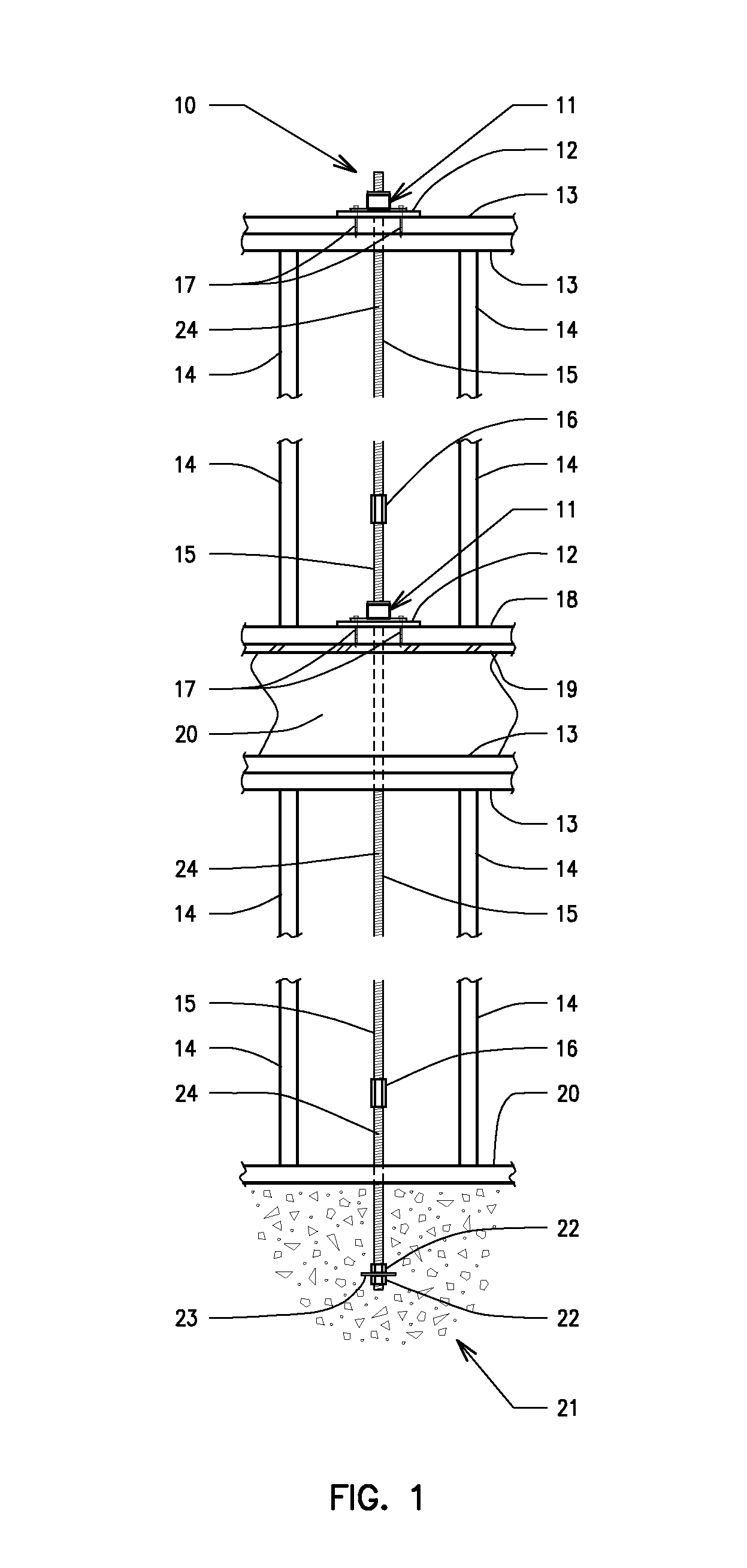 Ratcheting-type shrinkage compensating device for use in continuous tie-down systems