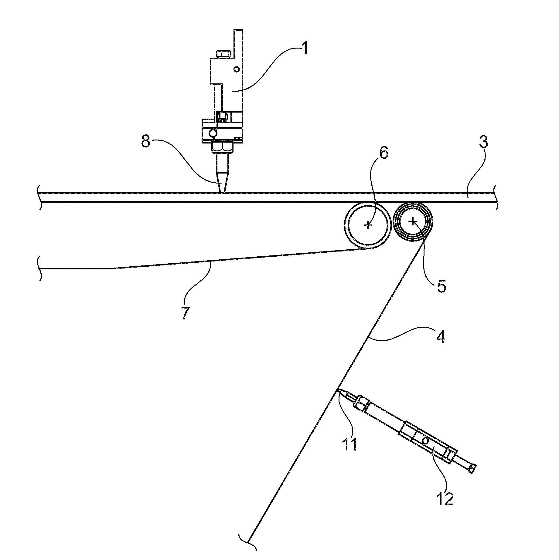 A device for applying a glue track to a covering strip of a rod-shaped product in the tobacco processing industry