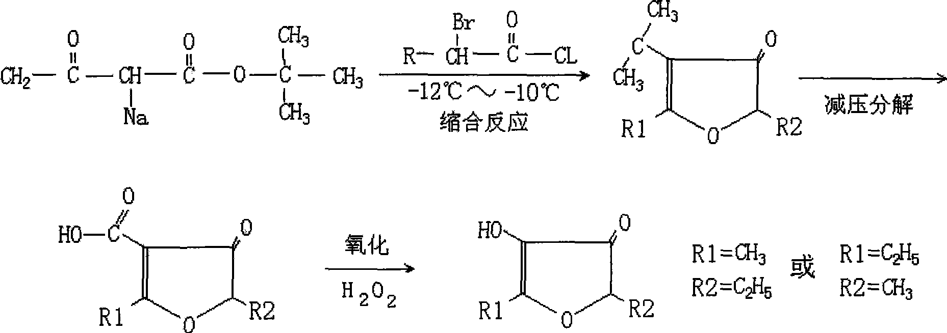 Method for preparing alkyl furanone by low-temperature condensation method