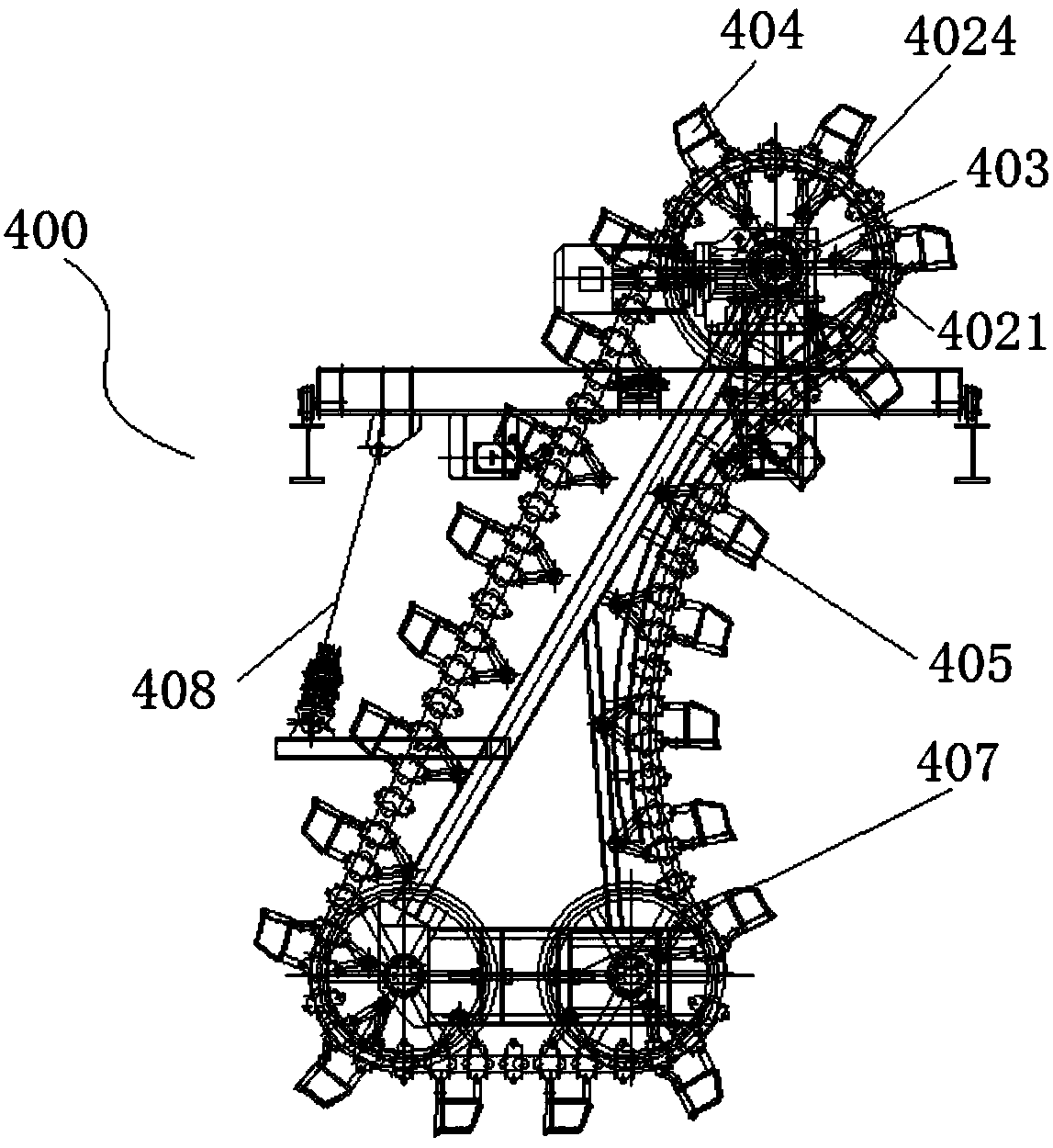 Chain bucket reclaiming equipment and corresponding ship unloader