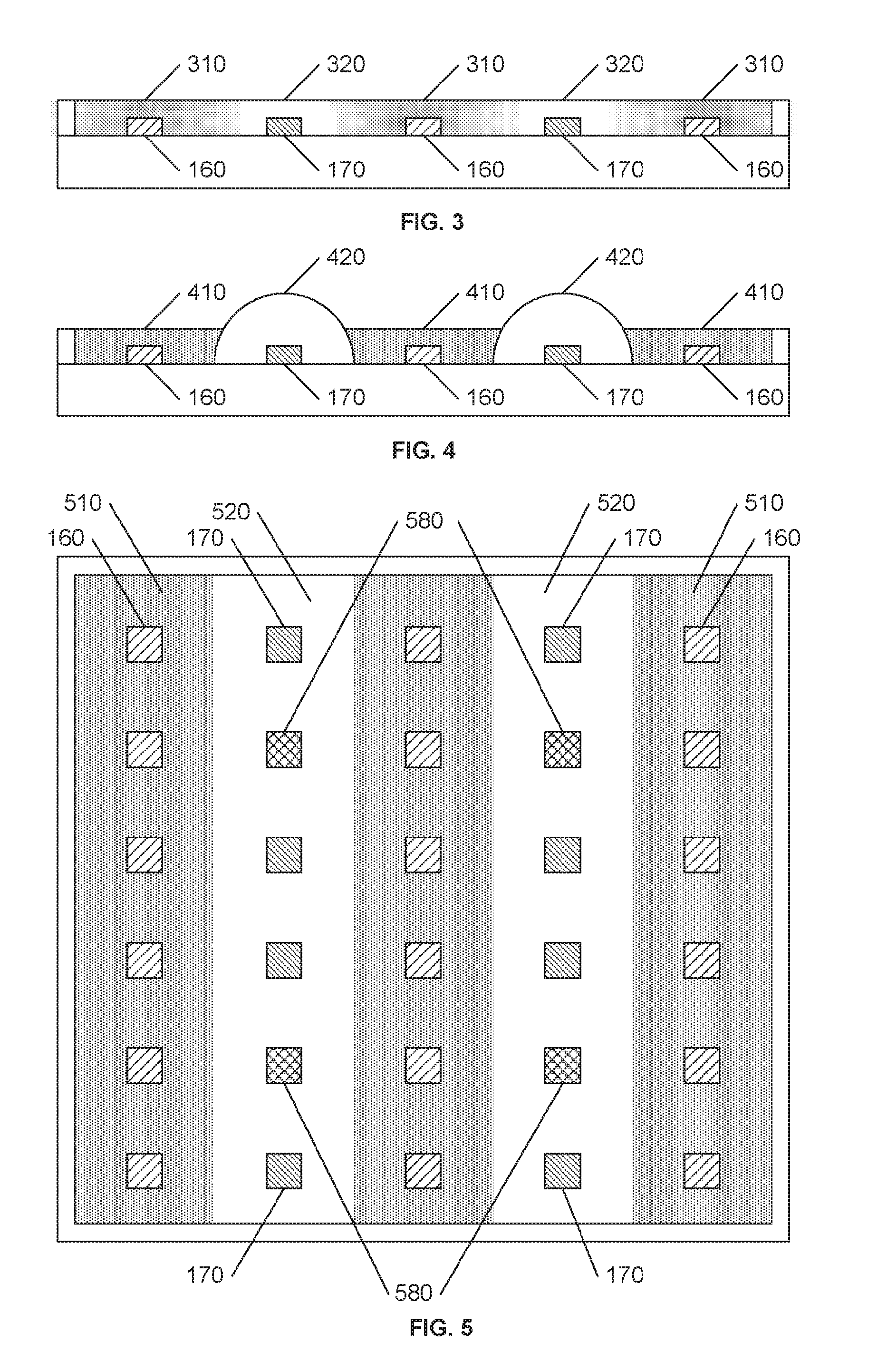Hybrid chip-on-board LED module with patterned encapsulation