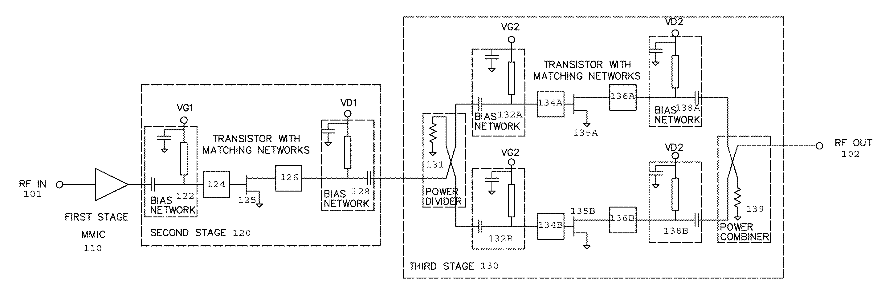 Multi-Stage RF Amplifier Including MMICs and Discrete Transistor Amplifiers in a Single Package