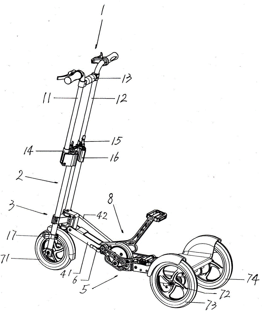 Suspension type portable three-wheeled pedal bike with folding handlebar