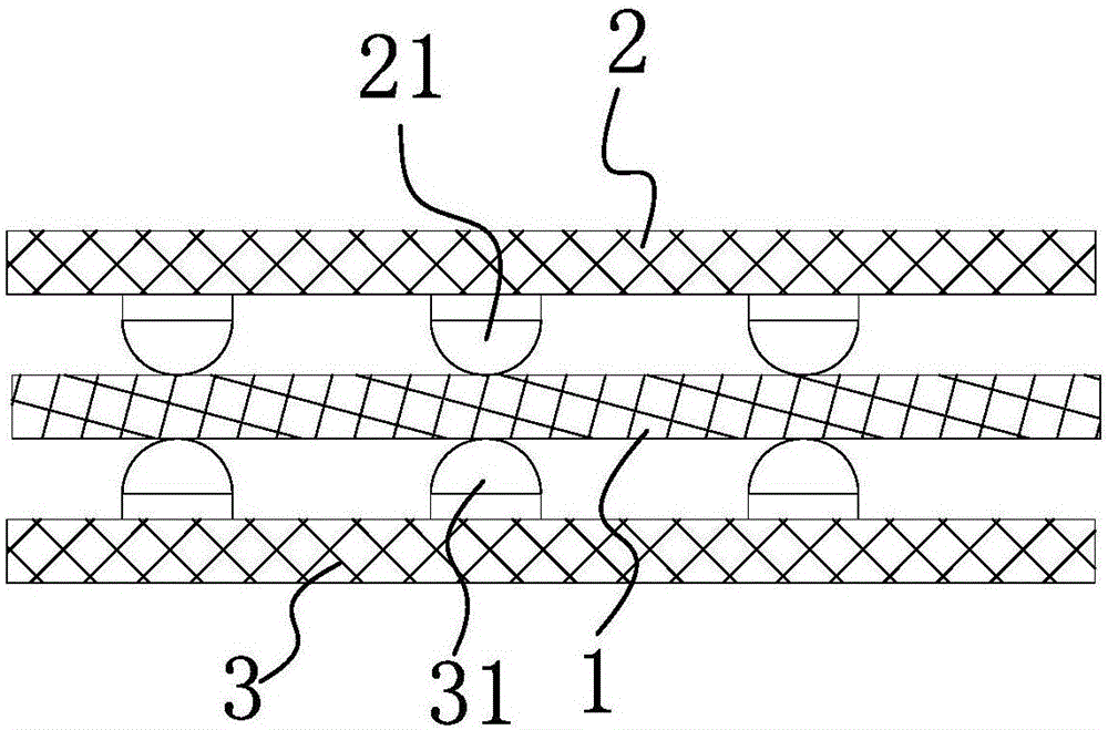 Three-layered composite automotive interior fabric and production process thereof