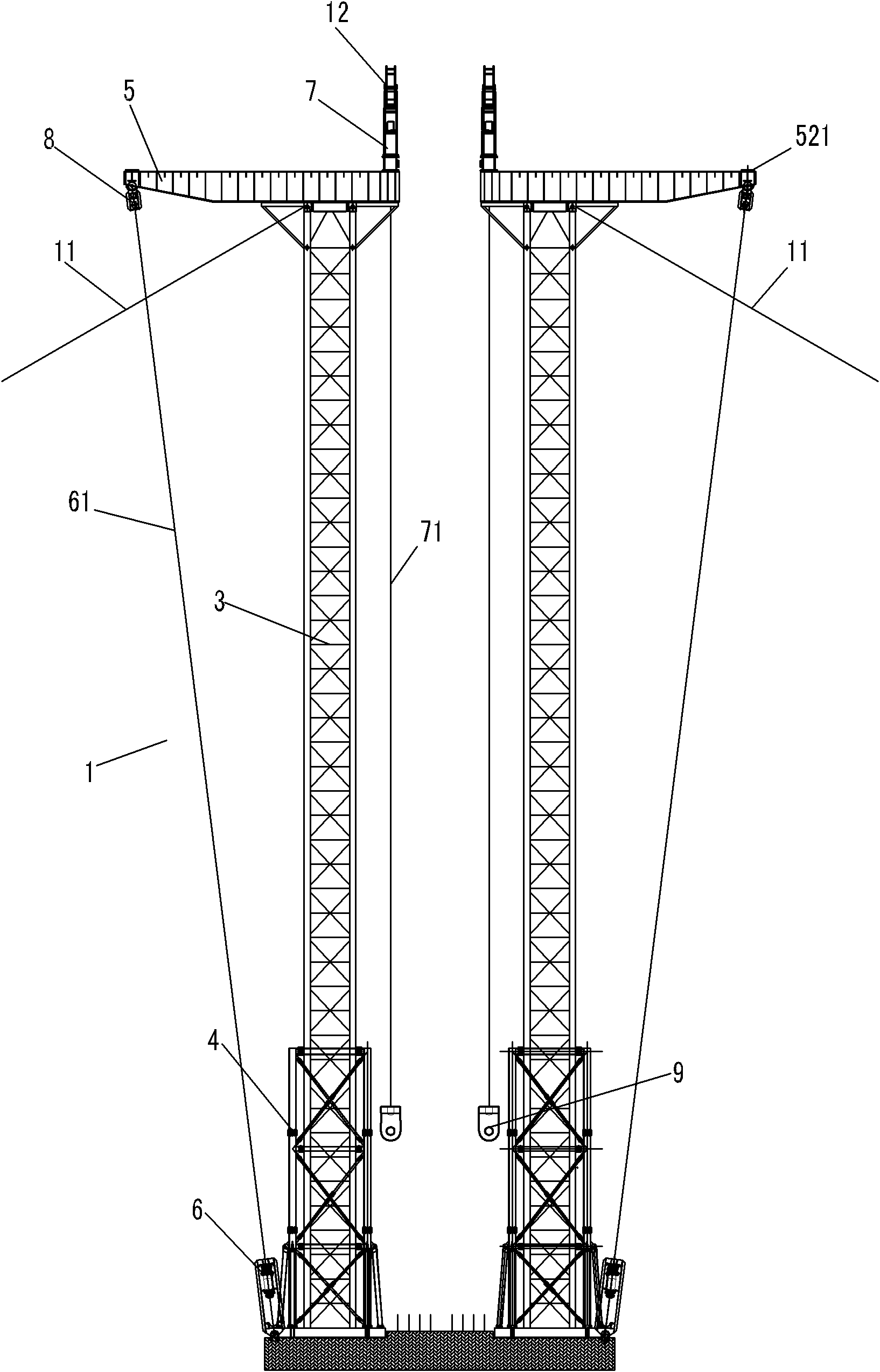 Twin-tower low-pylon self-balancing lifting device