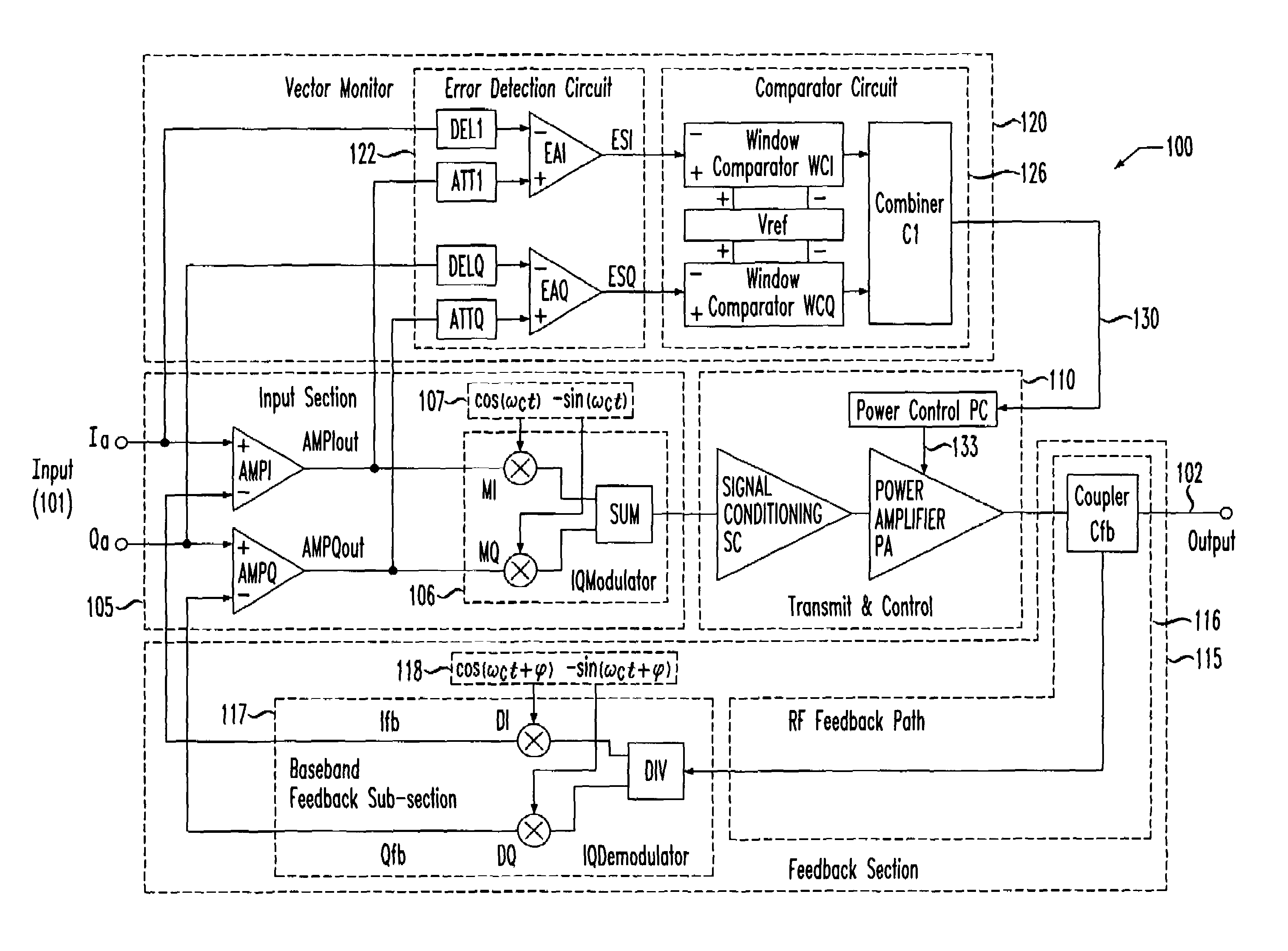 Vector monitor, related method of controlling a transmitter and transmitter employing the same