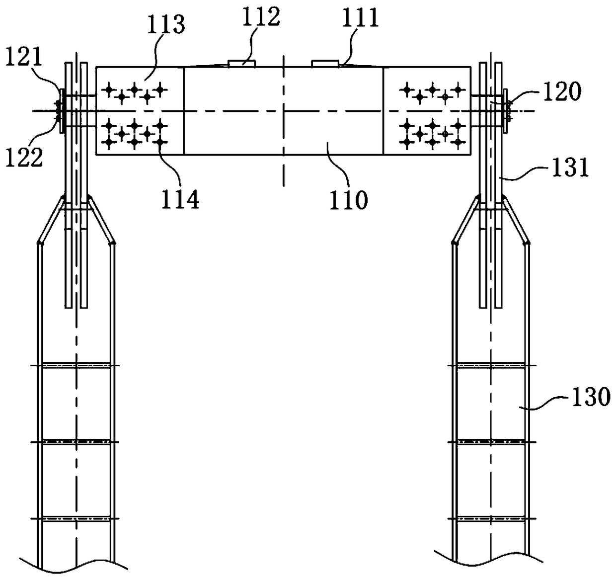 Sea tying carrying pole device and sea tying method for heavy equipment