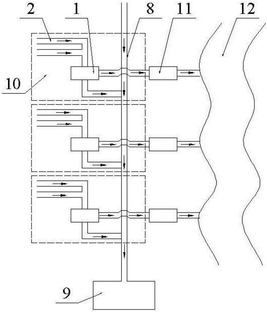 Sectioned intercepting and online treatment and discharging system