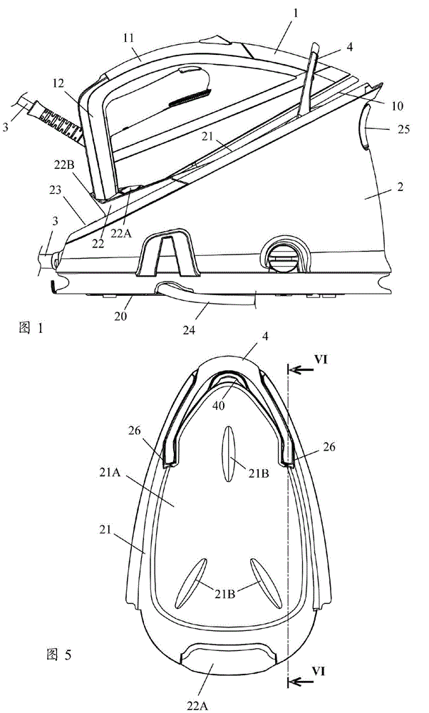 Household appliance comprising an iron and a portable base including an area for setting the iron