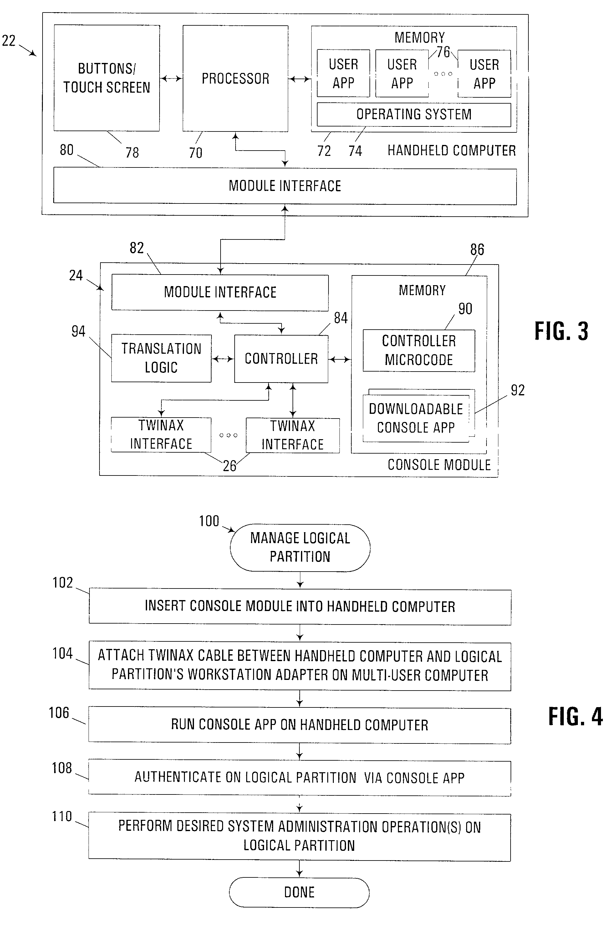 Handheld computer console emulation module and method of managing a logically-partitioned multi-user computer with same