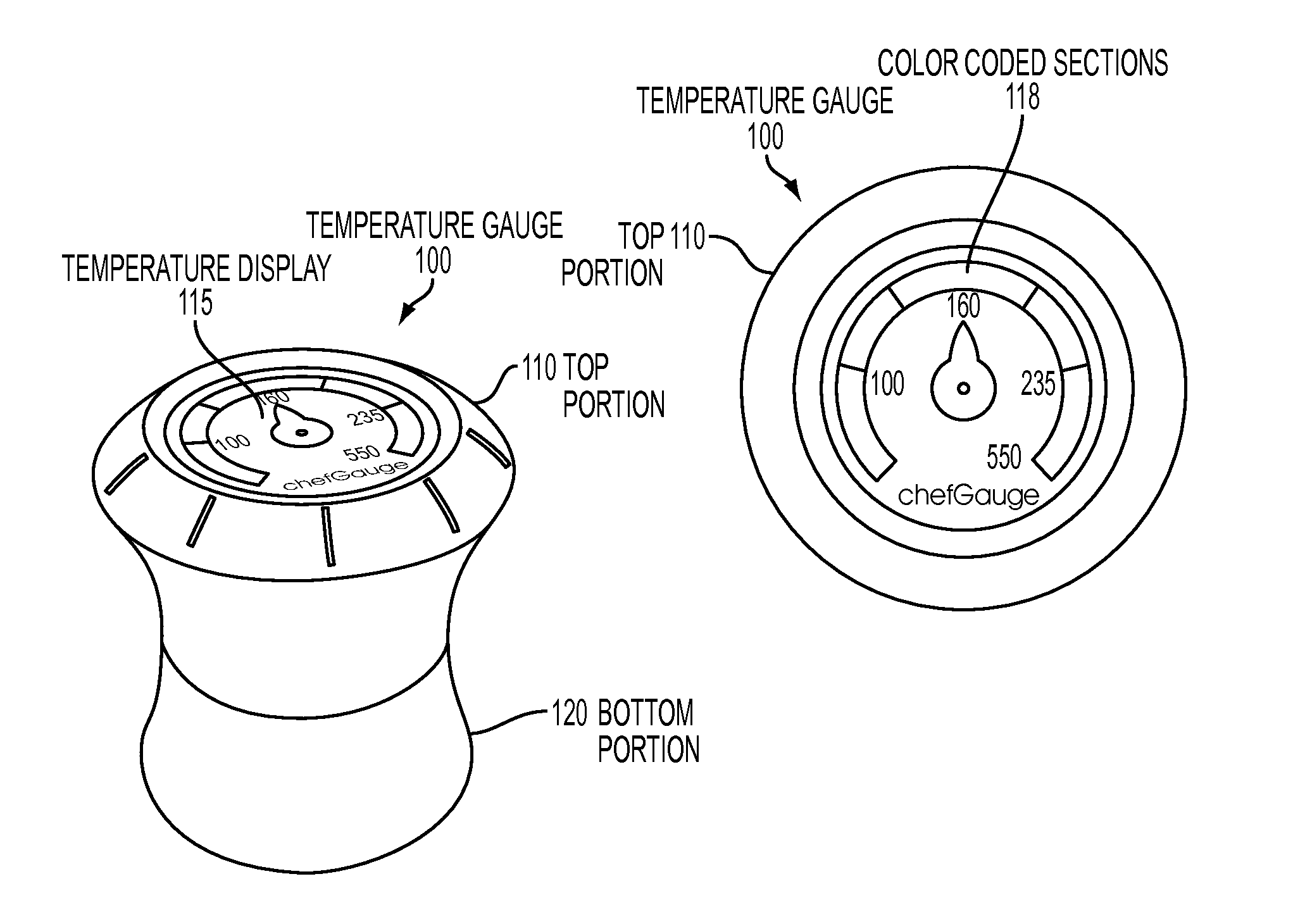 Temperature gauge for displaying the temperature of a cooking surface of cookware