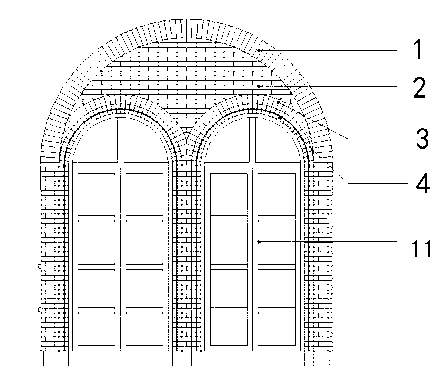Construction method of bricked large-span multiple-arc-arch