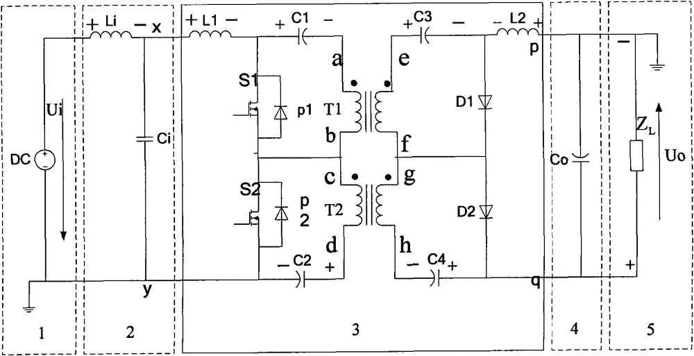 High-frequency isolation type three-electric-level DC-DC (direct current-direct current) convertor based on Cuk convertor