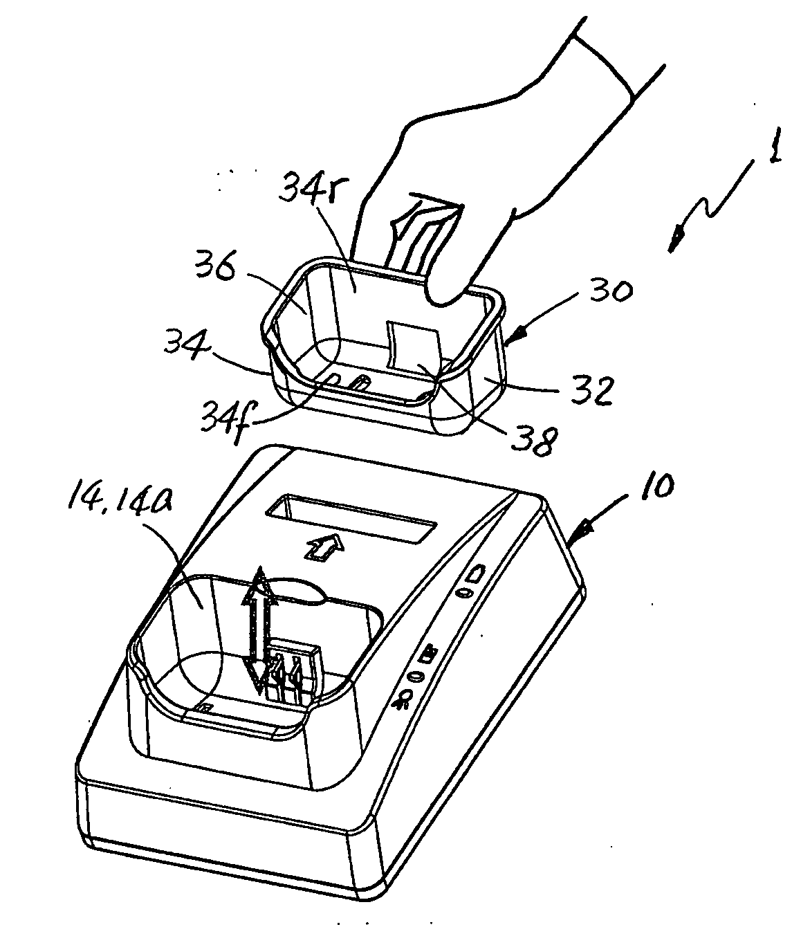 Docking charger for charging a hand held electronic device with or without a protective cover case fitted thereon