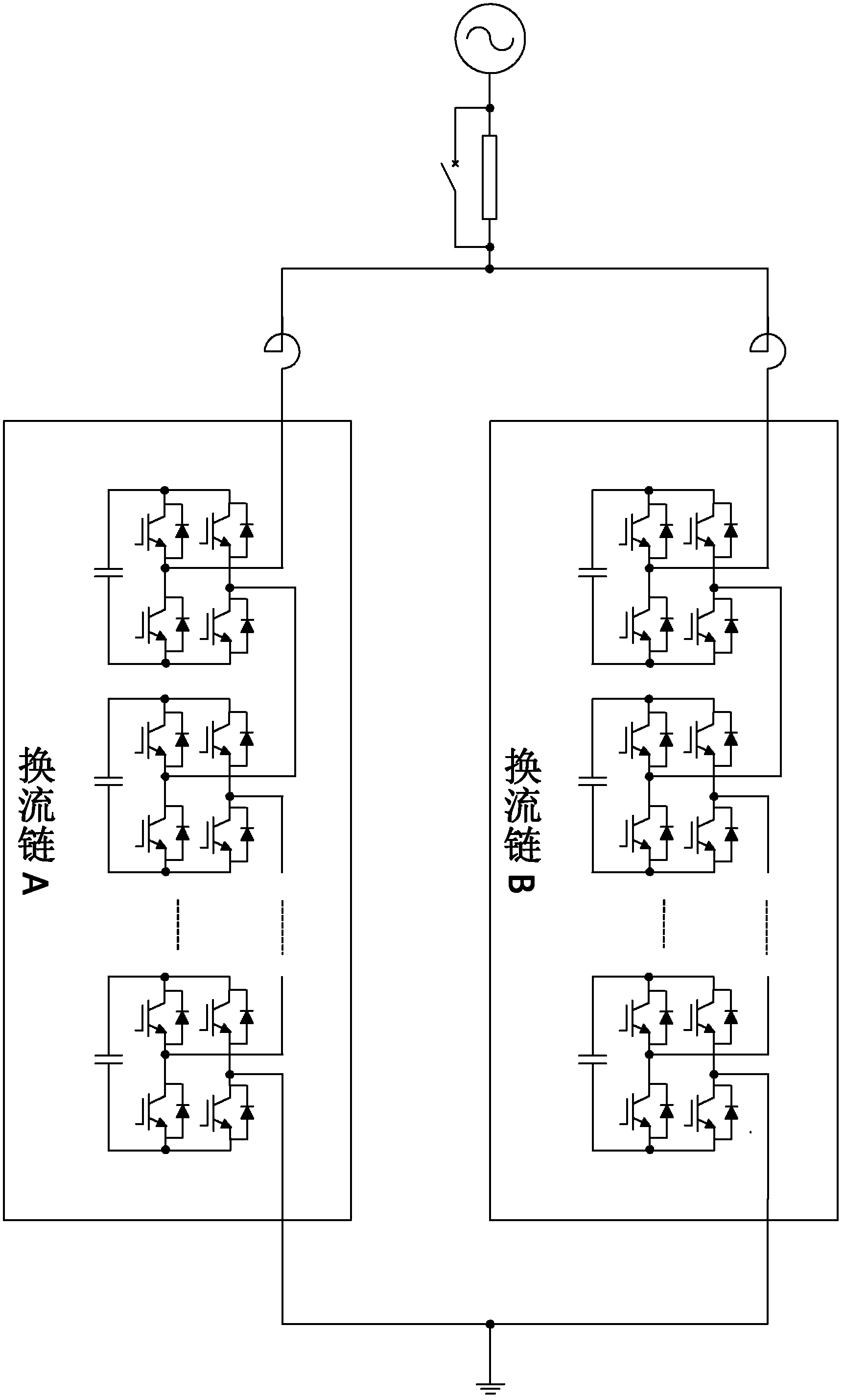 Testing device for operation of current changing chain and control method