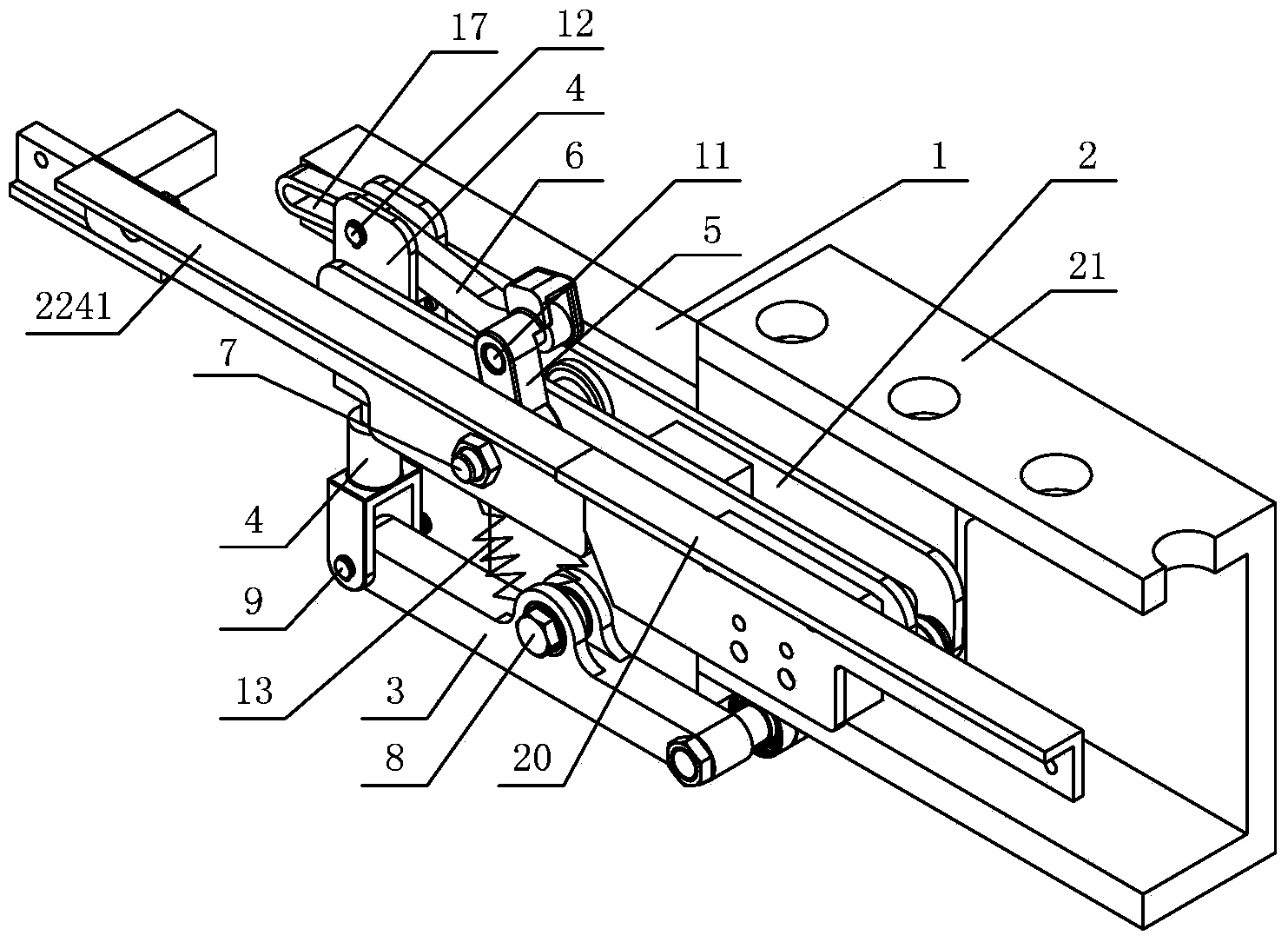 Son-mother trolley doffer six-connecting-rod guiding track abutting connection self-locking mechanism