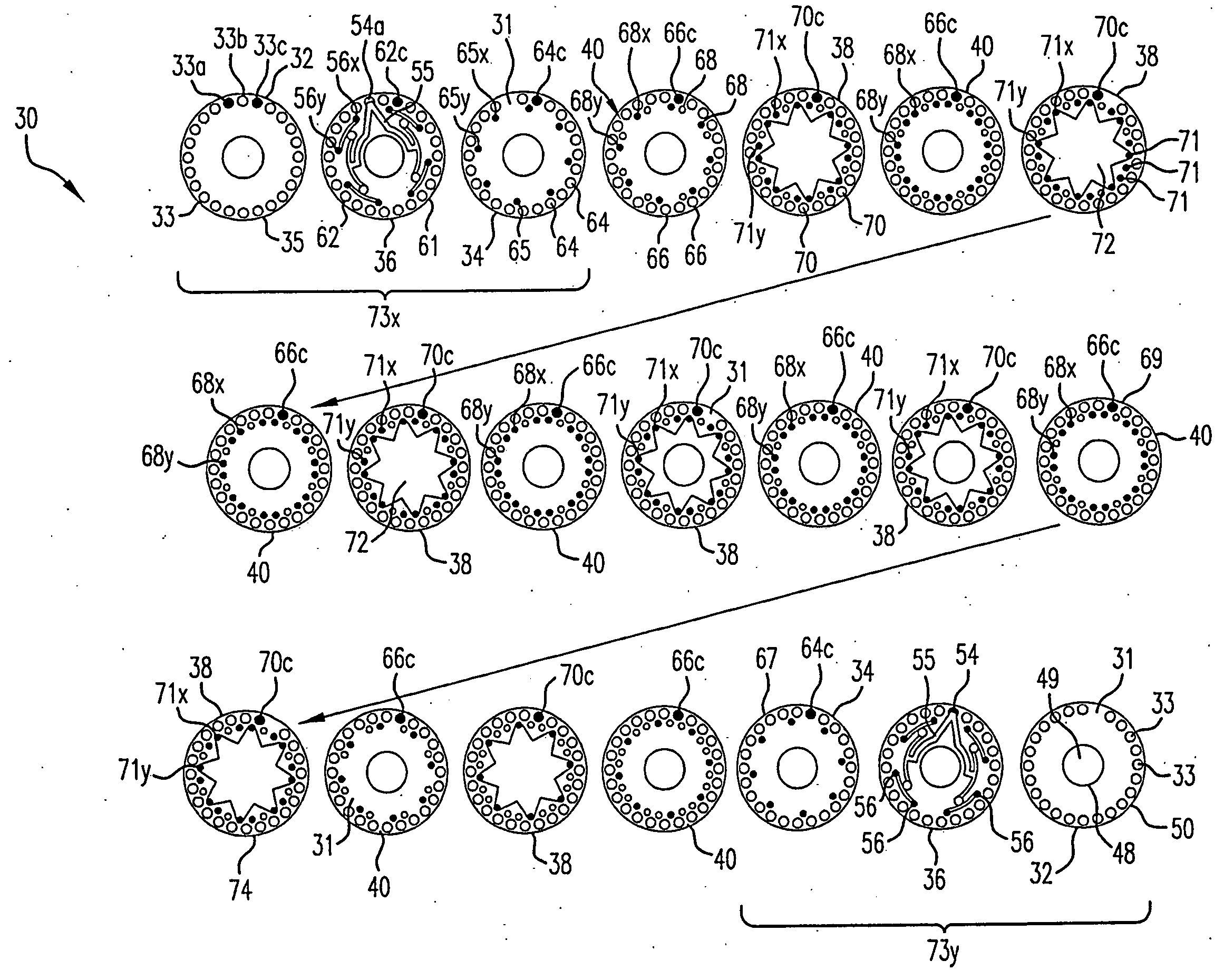 Layer sequence repeater module for a modular disk co-extrusion die and products thereof