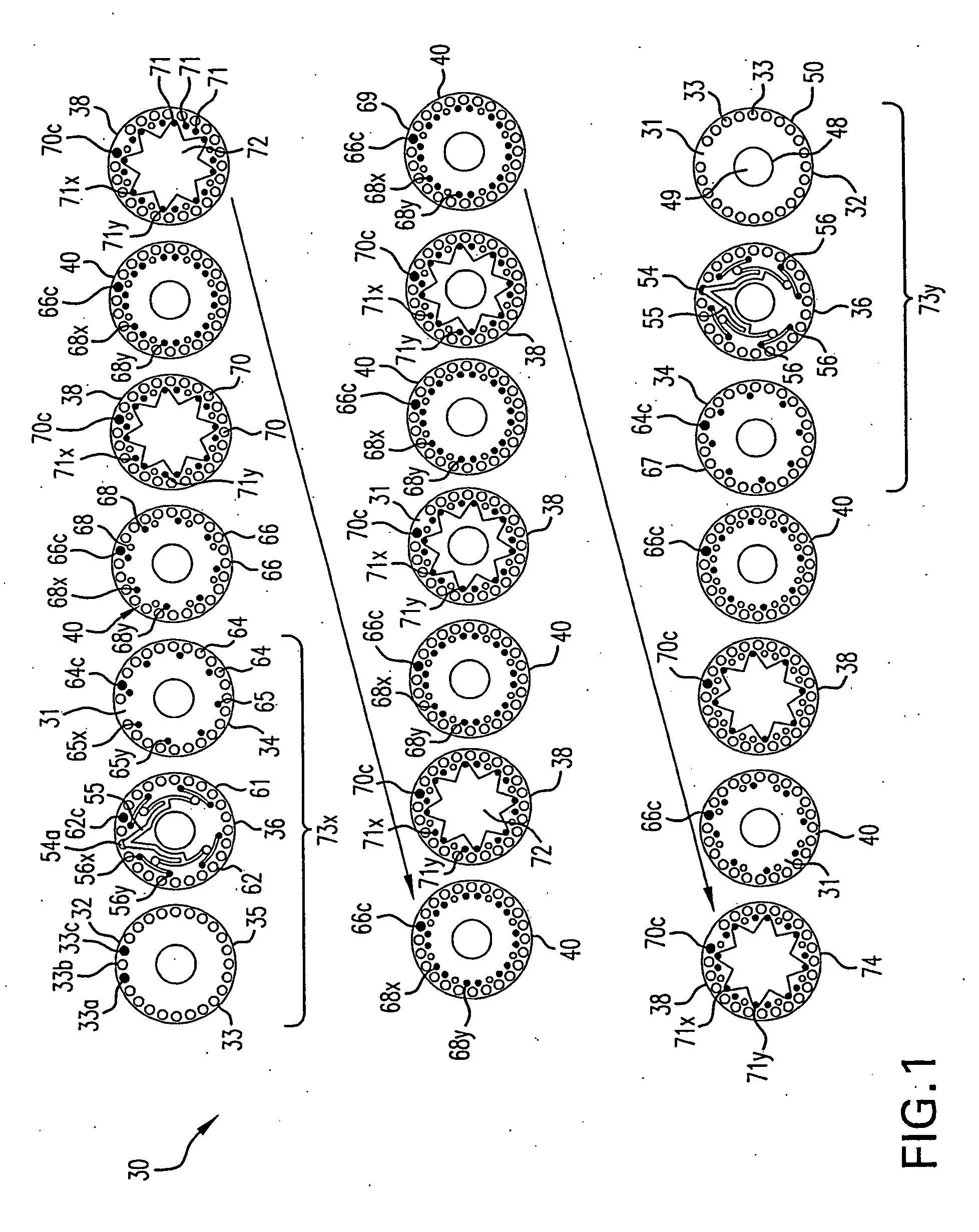 Layer sequence repeater module for a modular disk co-extrusion die and products thereof