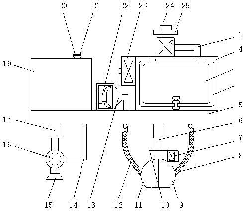 A spray fixing and adjusting device of a water mist dust collection vehicle